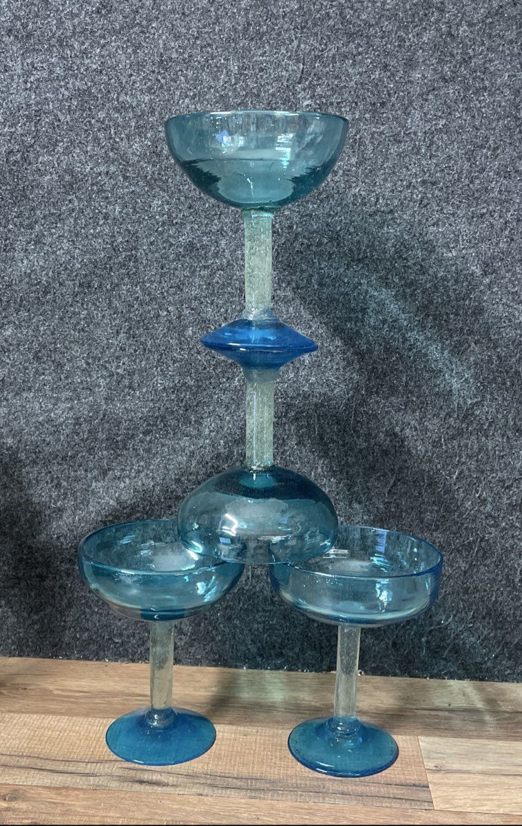 Hecho En Mexico Margarita Glasses Set of 4 Turquoise Blue Hand Blown Art Glass