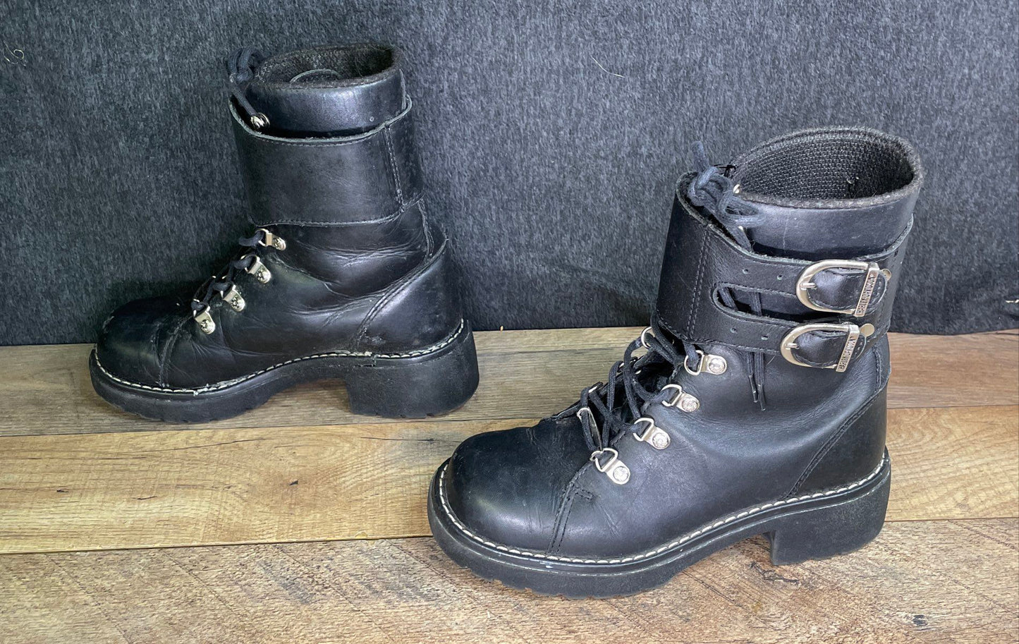 Harley Davidson Black Leather Double Buckle Motorcycle Boots Size 6