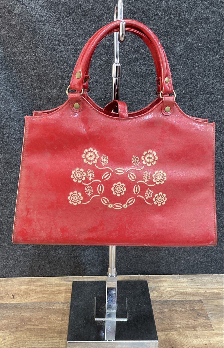 Vintage Red Patent Embossed Floral Satchel Shoulder Bag Handbag