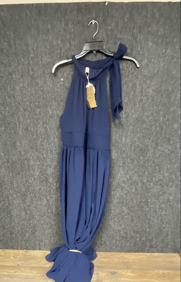 Roiii Women's Navy Blue Halter Neck Maxi Dress Chiffon Tie Neck Pleated XL NWT