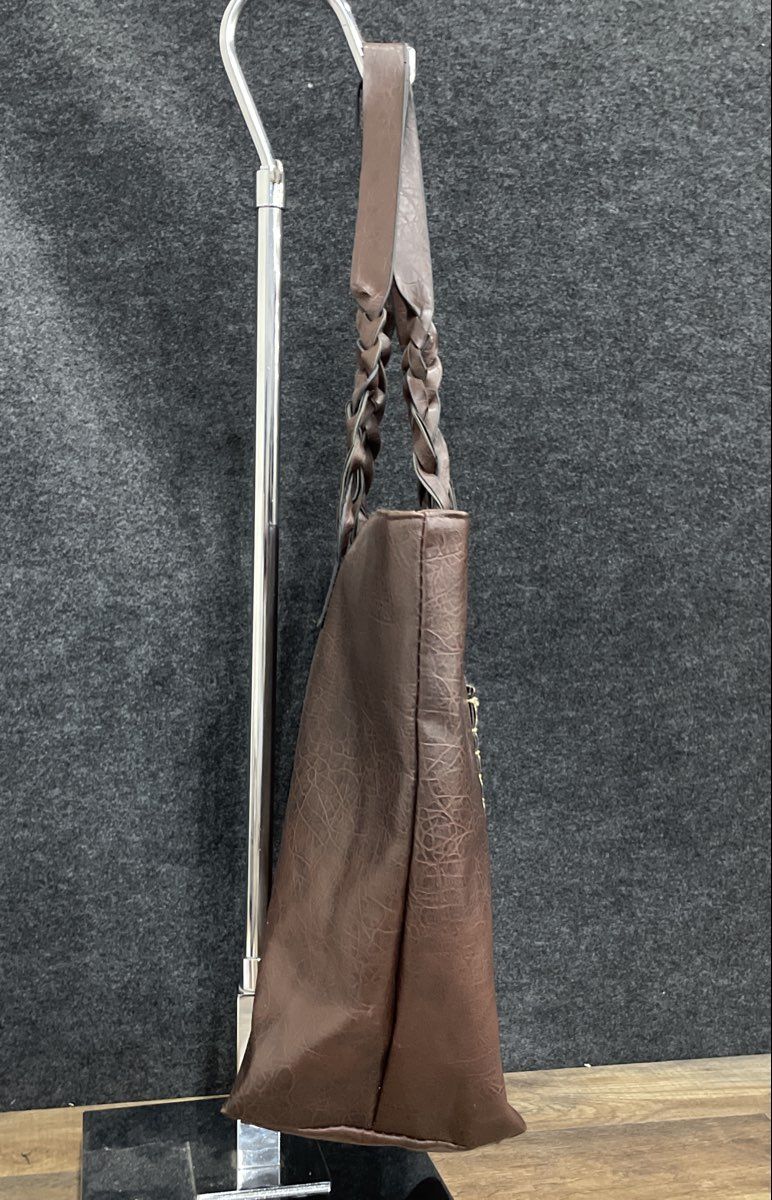 Weimeibaige Brown Leather Large Shopper Tote Bag Braided Handles Front Pocket
