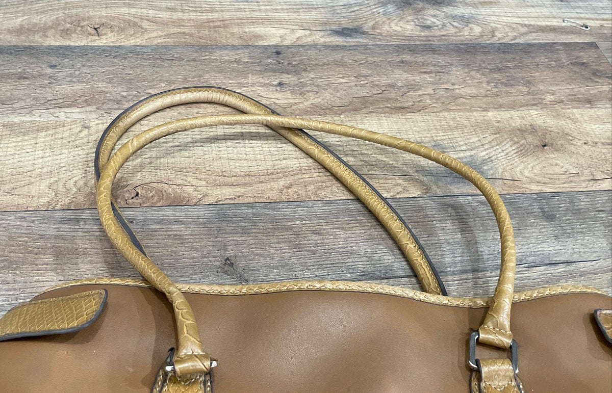 Liz Claiborne Brown Leather Tote Shoulder Bag Faux Croc Embossed Trim
