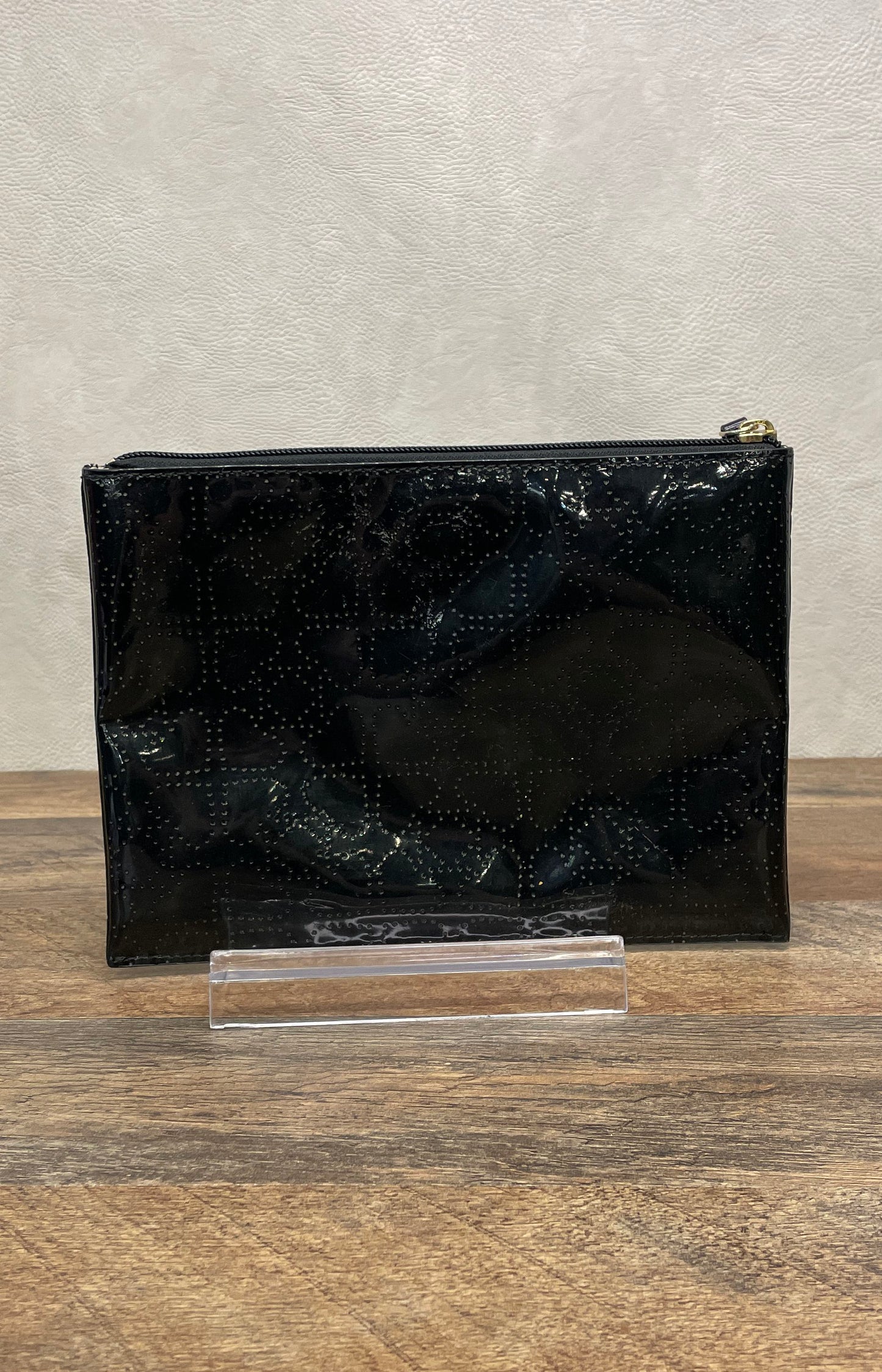 Kate Spade Black Perforated Patent Leather Flat Zip Pouch Clutch Bag