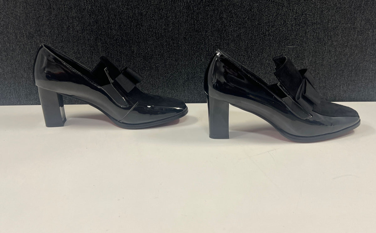 Women's Black Patent Suede Bow Block Heel Loafer Pumps Red Sole Size 8
