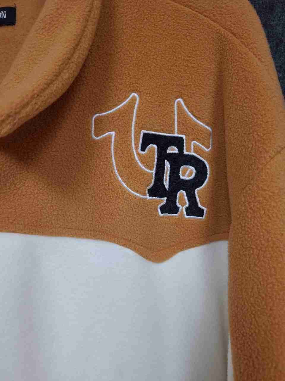 True Religion Men's Zip Up Fleece Jacket Mustard Cream Colorblock Logo Sz XL