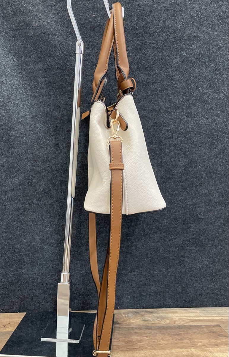 Seven Days White Tan Leather Satchel Handbag Crossbody Gold Tone Hardware