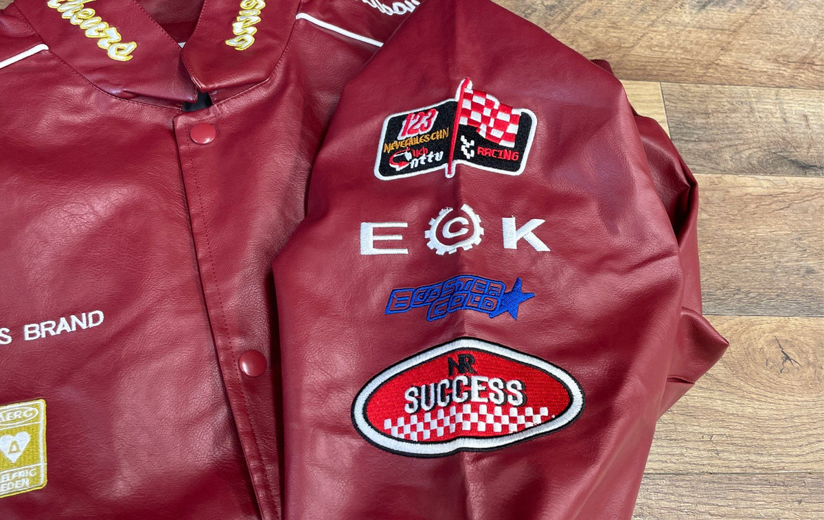 Elfric Eden Men's Faux Leather Varsity Racing Jacket Burgundy Patch NWT Sz XS