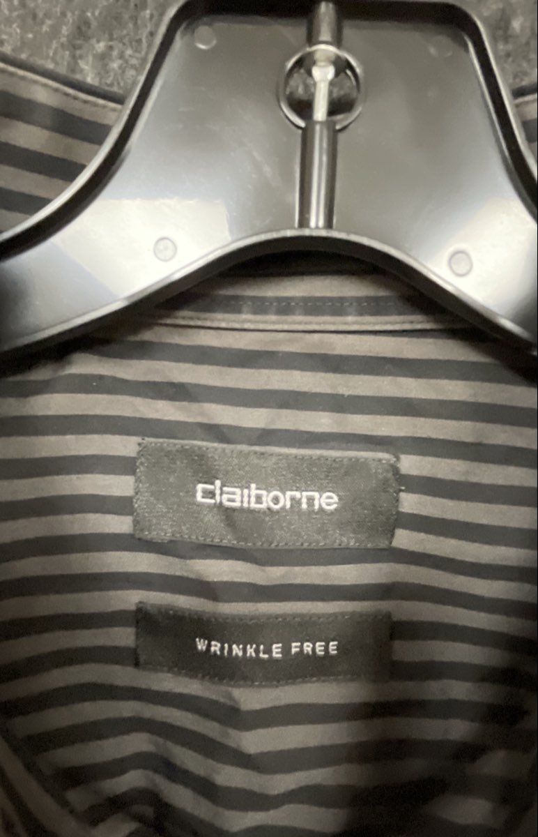 Claiborne Men's Button Down Shirt Black Gray Striped Long Sleeve Wrinkle Free XL
