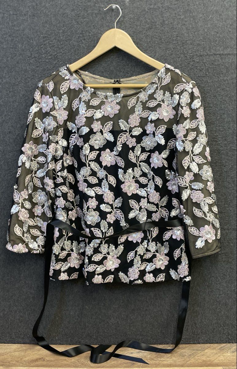 Alex Evenings Women's Sequined Embroidered Floral Mesh 3/4 Sleeve Top Sz L