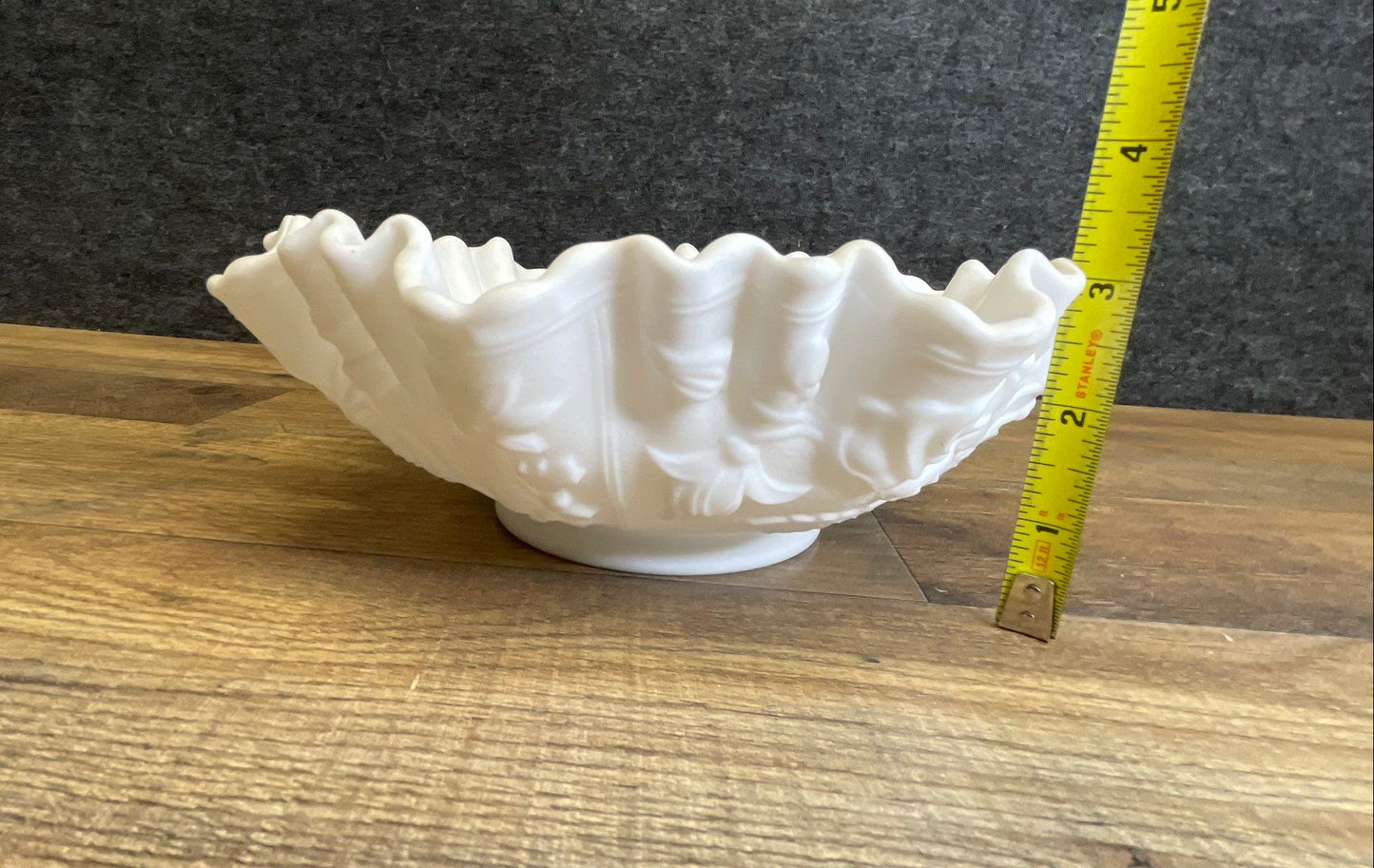 Satin Glass White Rose Pattern Ruffled Bowl 9 Inch Vintage