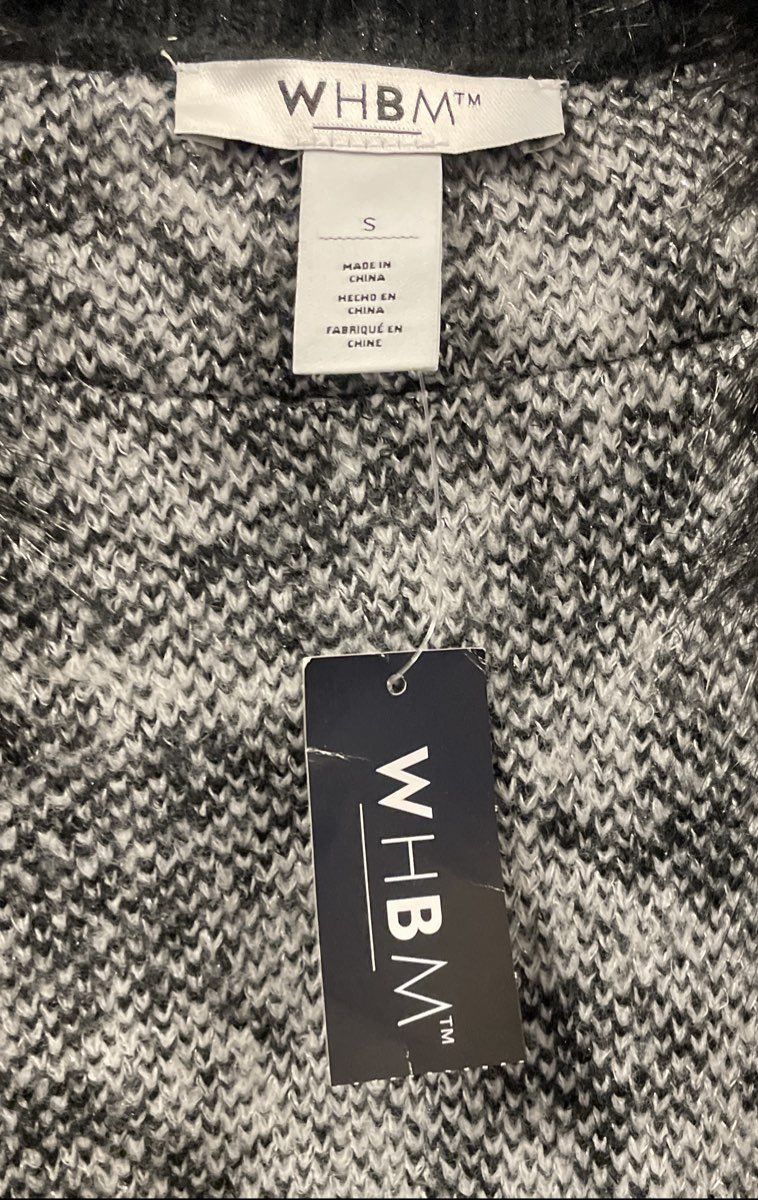 WHBM Women's Rose Faux Fur Sweater Vest Black Gray Jacquard Metallic Sz S NWT