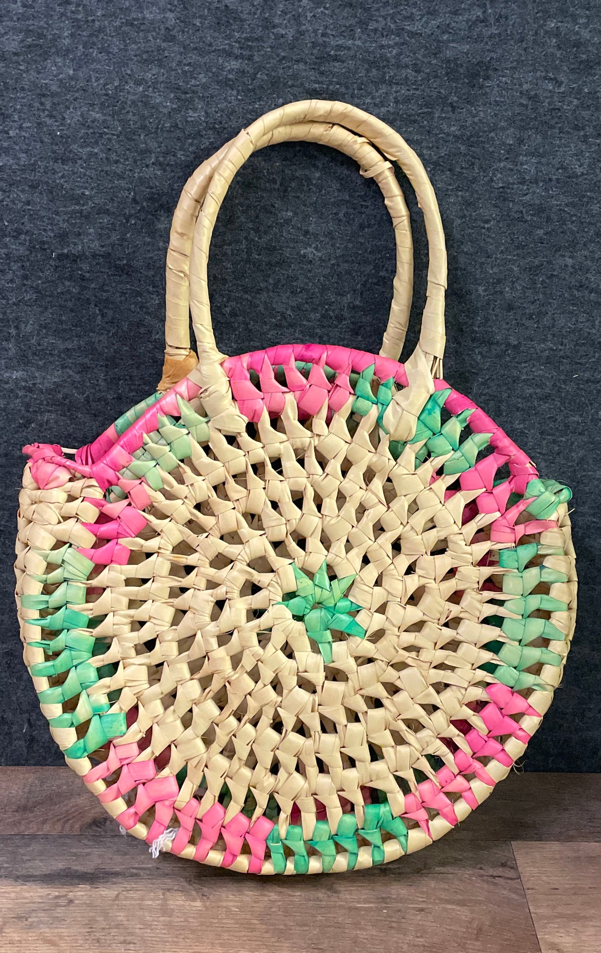 Vintage Woven Reed Round Tote Bag Pink Green Circle Straw Market Basket Purse