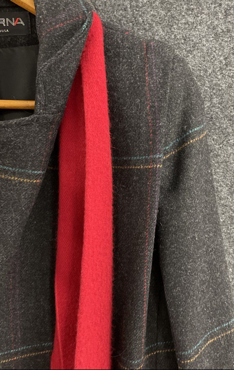 Vintage 90s Alorna Women's Dark Gray Wool Jacket Coat with Red Scarf Striped