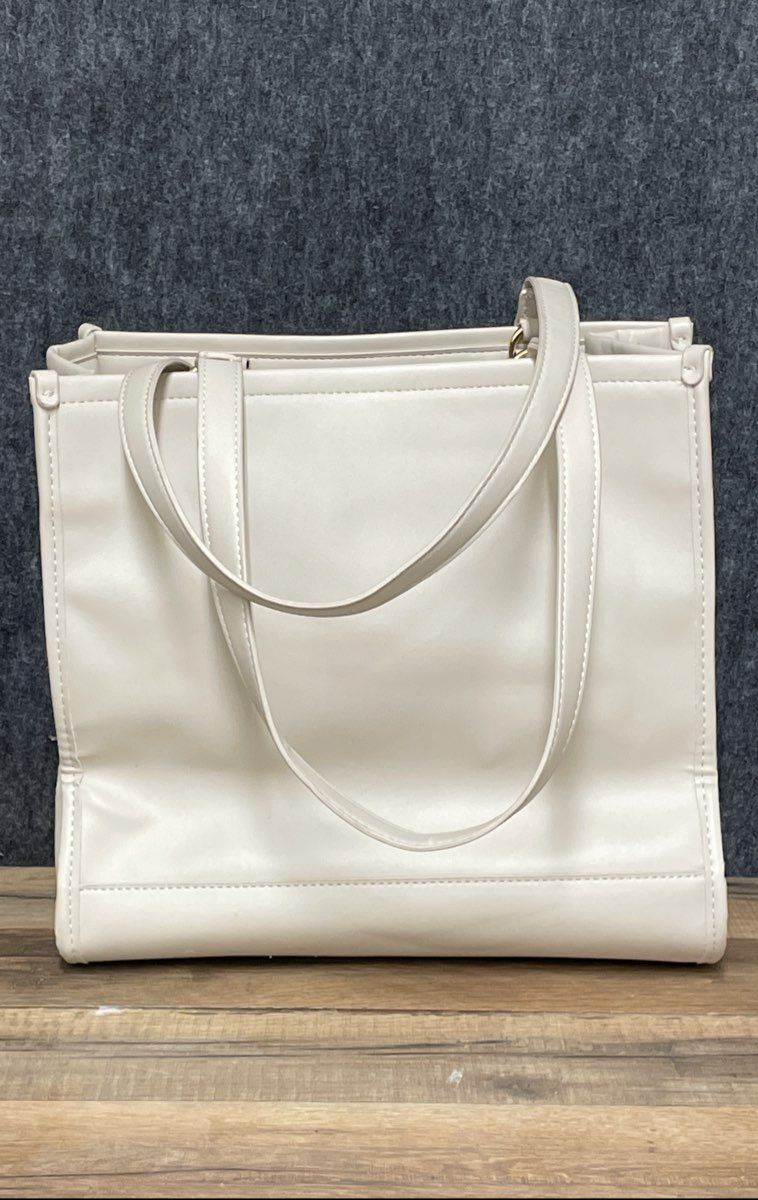 Steve Madden Beige Cream Faux Leather SM Logo Tote Bag Gold Hardware