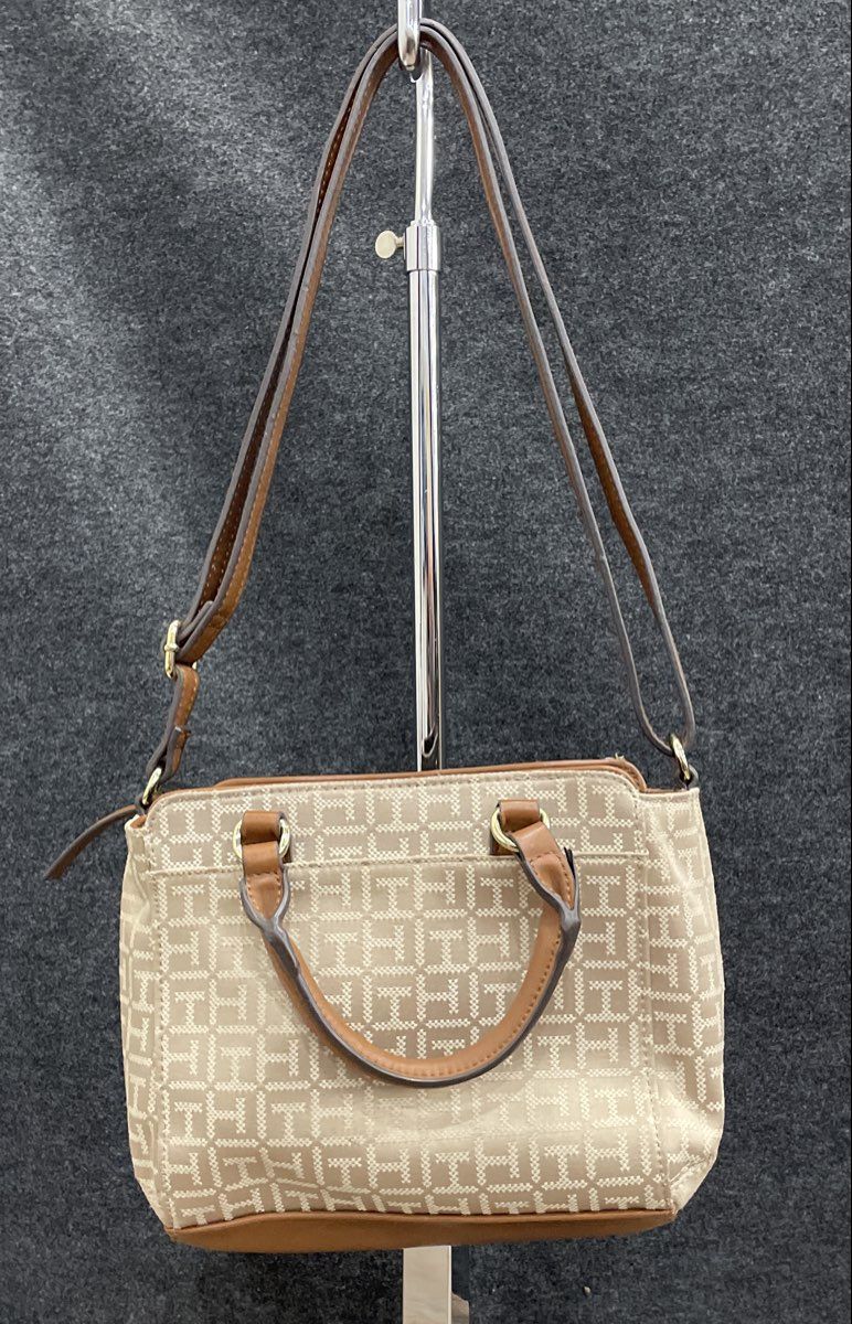 Tommy Hilfiger Cream Monogram Satchel Bag Brown Leather Trim Crossbody Purse