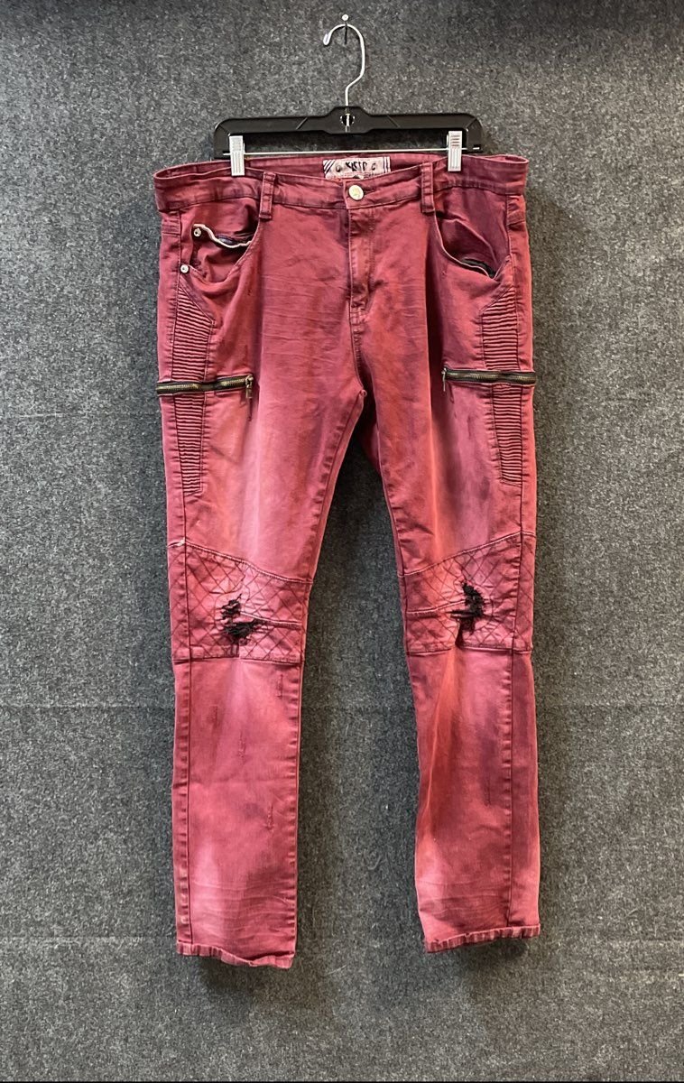 The Kleep Men's Burgundy Red Distressed Moto Biker Jeans Ribbed Size 38