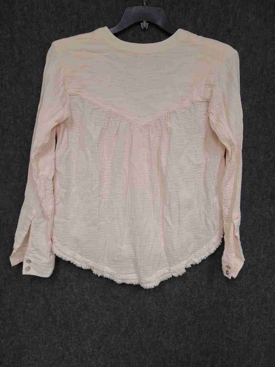 Free People Women's Pink Gauze Henley Long Sleeve Raw Hem Blouse Size XS