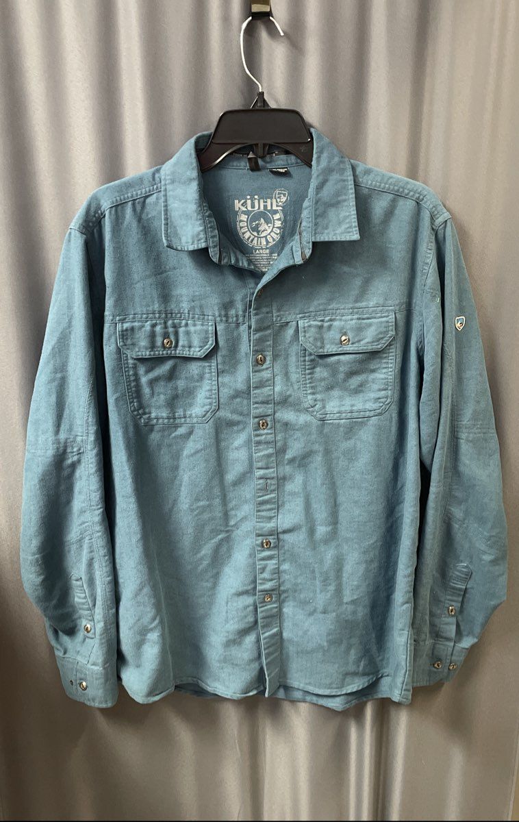 Kuhl Men's Teal Herringbone LS Button Down Cotton Linen Blend Shirt L