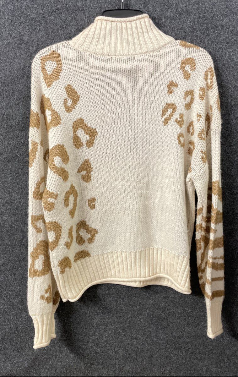 Nine West Women's Sweater Cream Tan Leopard Zebra Print Mock Neck Boxy Sz M