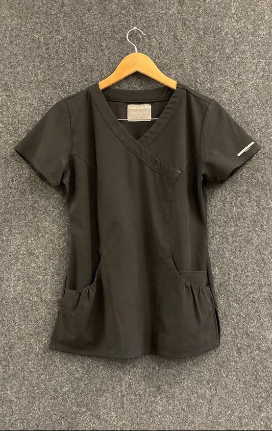 Skechers Women's Black Mock Wrap Scrub Top V-Neck Stretch Sz S