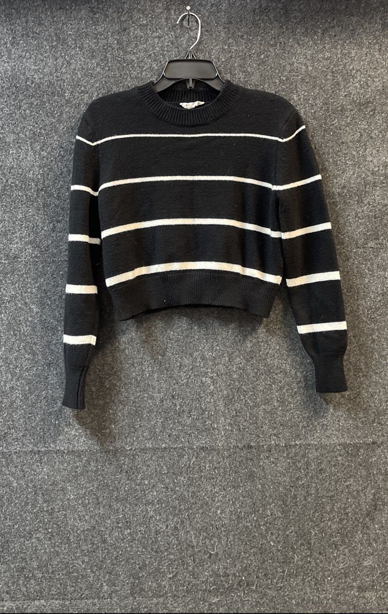 For The Republic Women's Black White Striped Cropped Crewneck Sweater Sz S