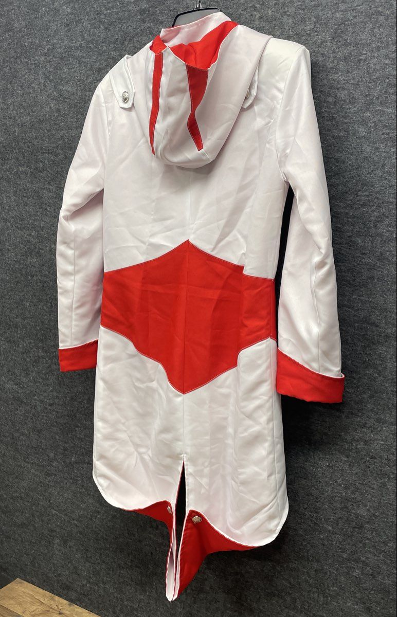 White Red Asymmetrical Zip Hooded Cosplay Tailcoat Jacket Silver Crest Buttons