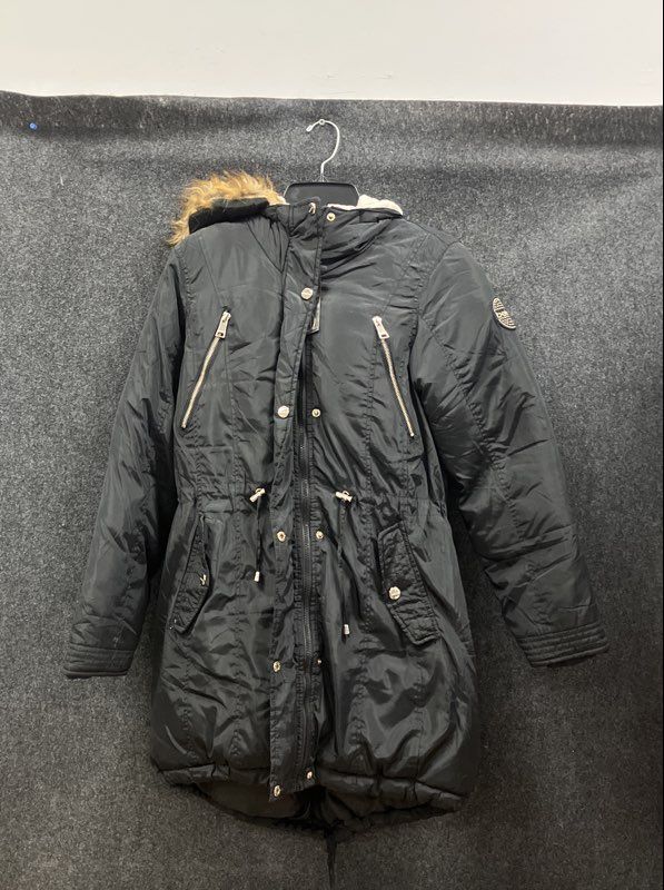 bebe Women's Parka Coat Black Faux Fur Hood Sherpa Lined Quilted Sz S