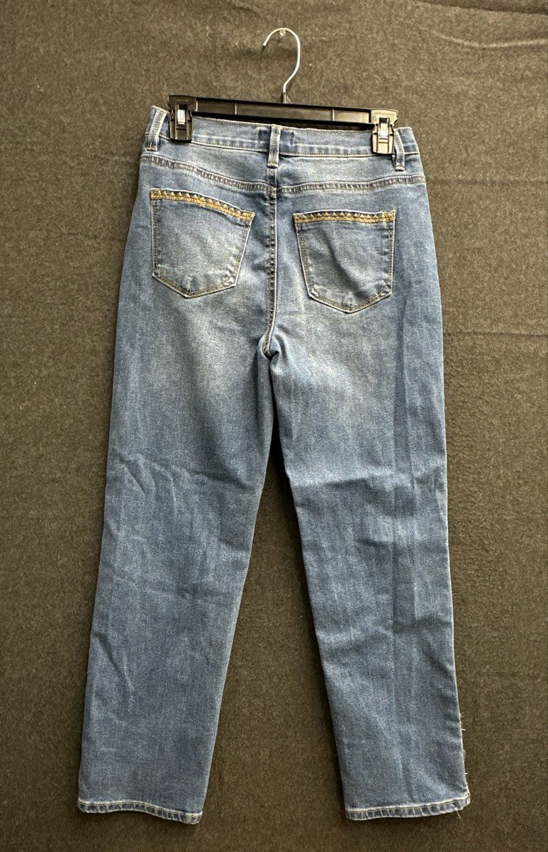 Curve Appeal Women's Blue Jeans Gold Embroidered Trim Side Seam Sz 4/27