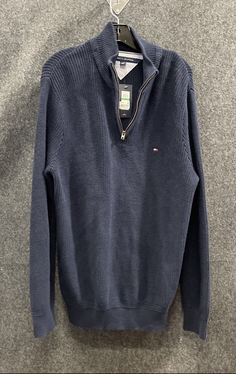 Tommy Hilfiger Men's Navy Quarter Zip Ribbed Knit Cotton Sweater Sz L NWT