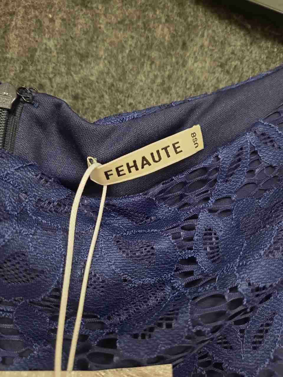 Fehaute Women's Navy Blue Lace Bodice 3/4 Sleeve Evening Dress NWT Sz 8