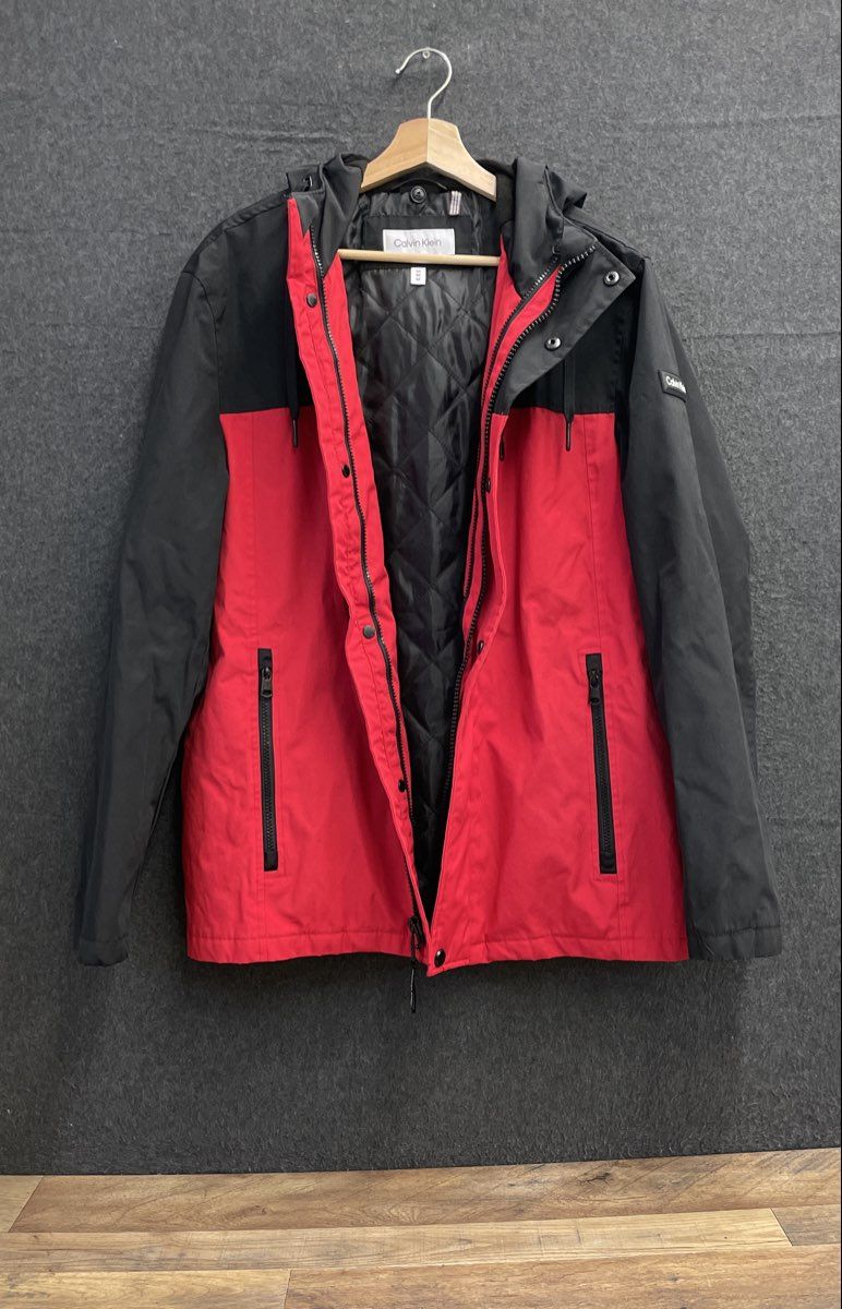 Calvin Klein Men's Red Black Colorblock Hooded Quilted Lining Jacket Size M