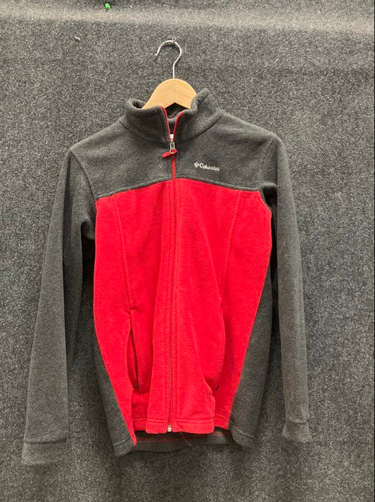Columbia Boys Full Zip Fleece Jacket Gray Red Colorblock Mock Neck Sz L 14/16