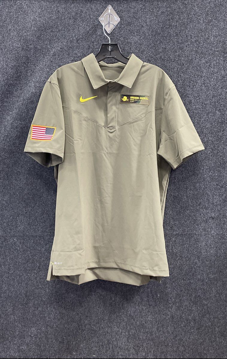 Nike Men's Oregon Ducks Olive Green Sideline Dri-Fit Shirt US Flag Camo Patch L