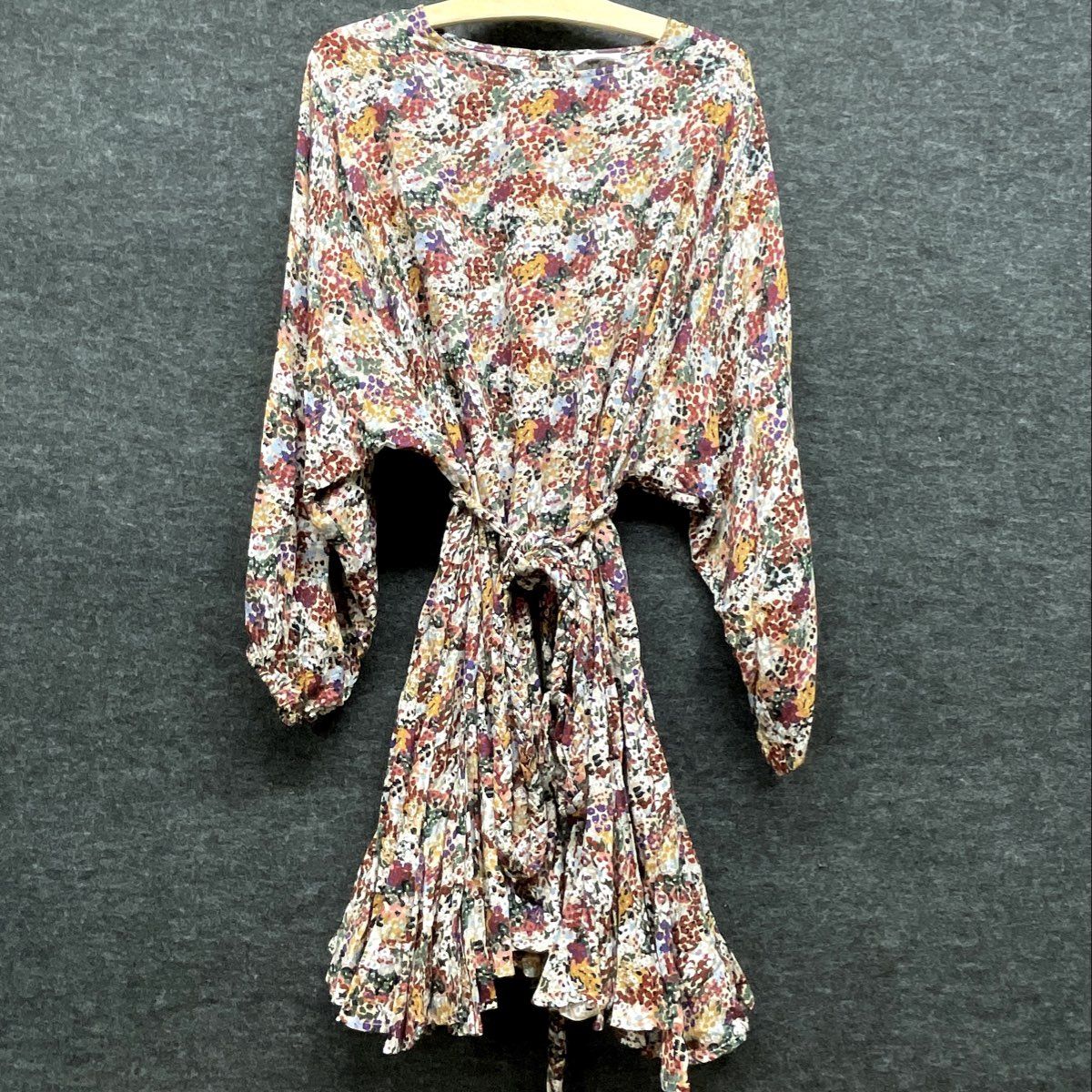 Women's Multicolor Floral Batwing Sleeve Braided Belt Ruffle Tiered Mini Dress