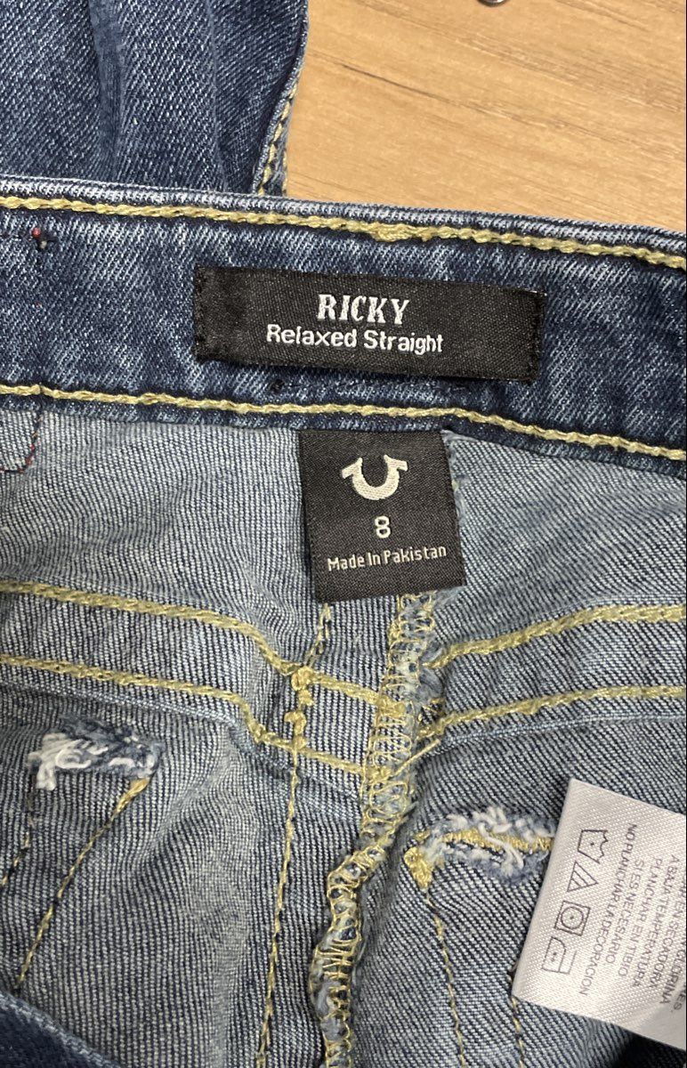 True Religion Boys Ricky Relaxed Straight Blue Jeans Flame Graphic Sz 8
