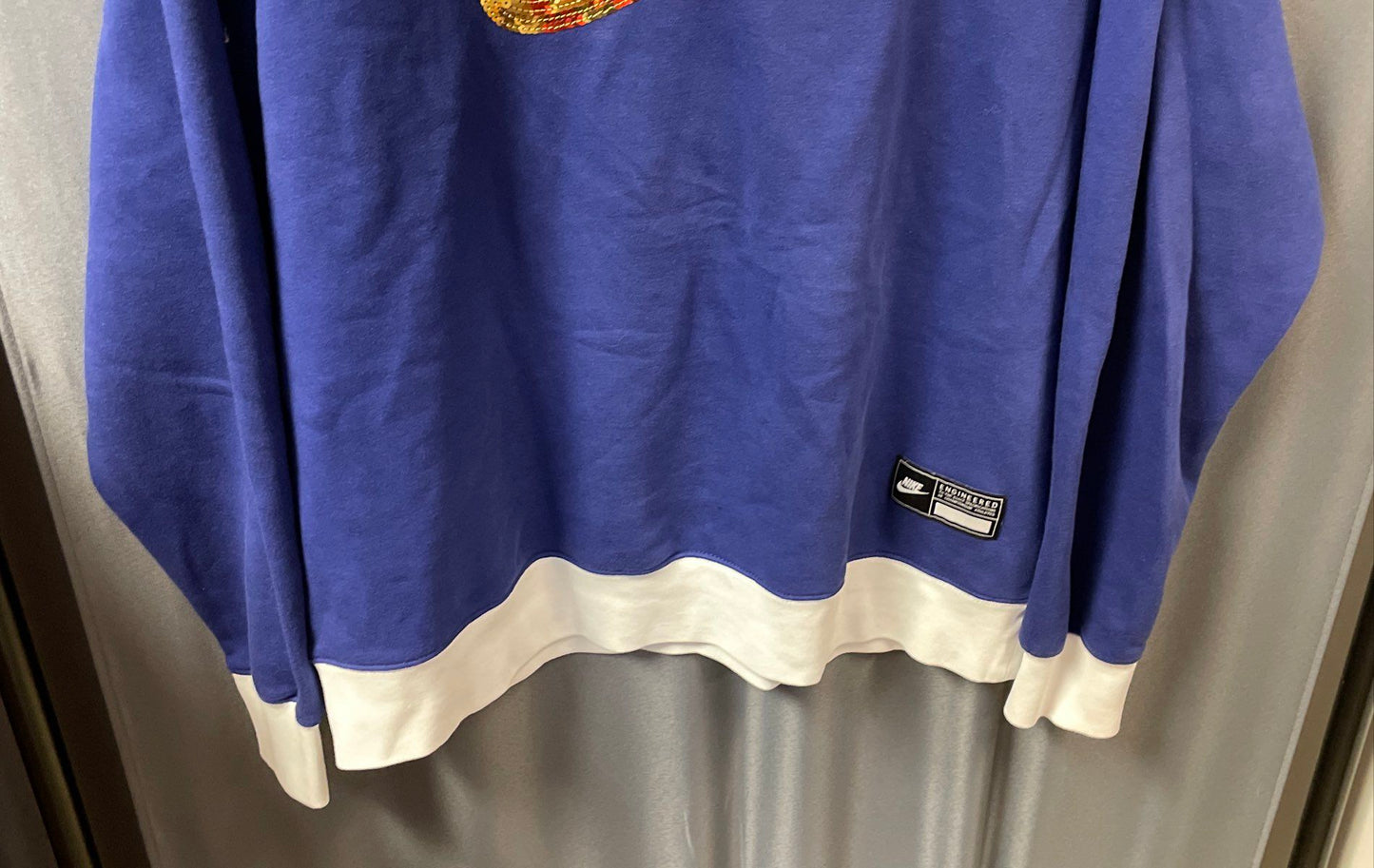 Nike Women's Royal Blue Sequin Logo Crew Neck Sweatshirt White Trim Sz L