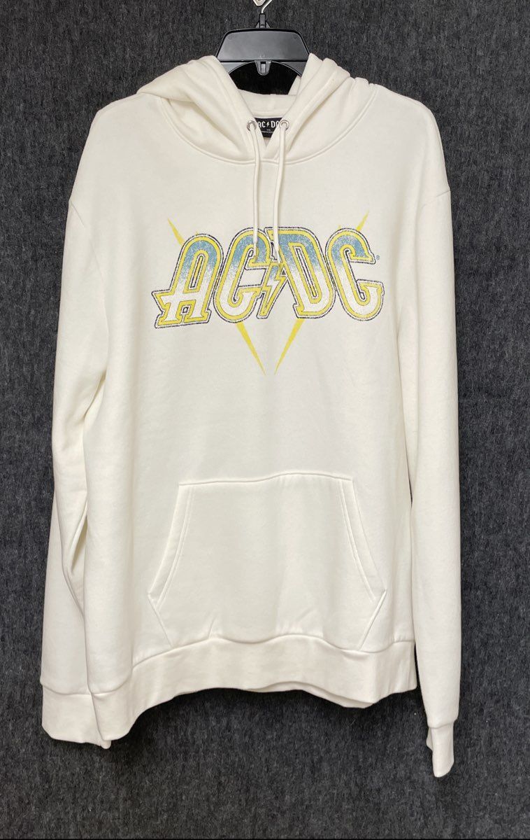 AC/DC Men's White Graphic Hoodie Yellow Lightning Bolt Sleeve Sz XXL