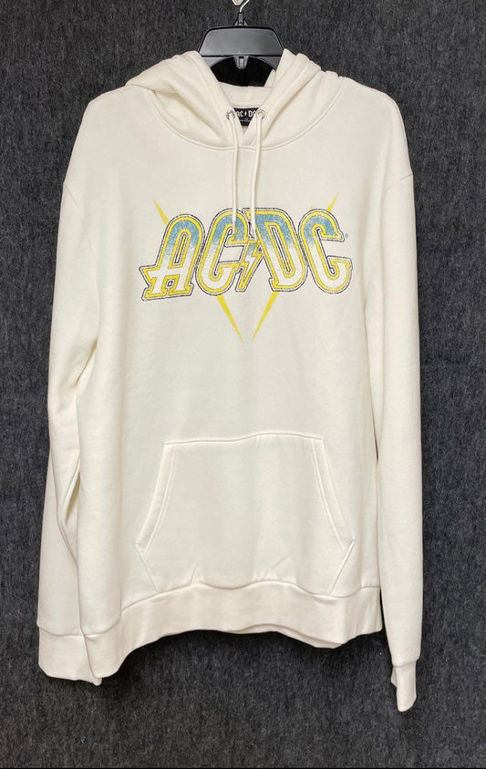 AC/DC Men's White Graphic Hoodie Yellow Lightning Bolt Sleeve Sz XXL