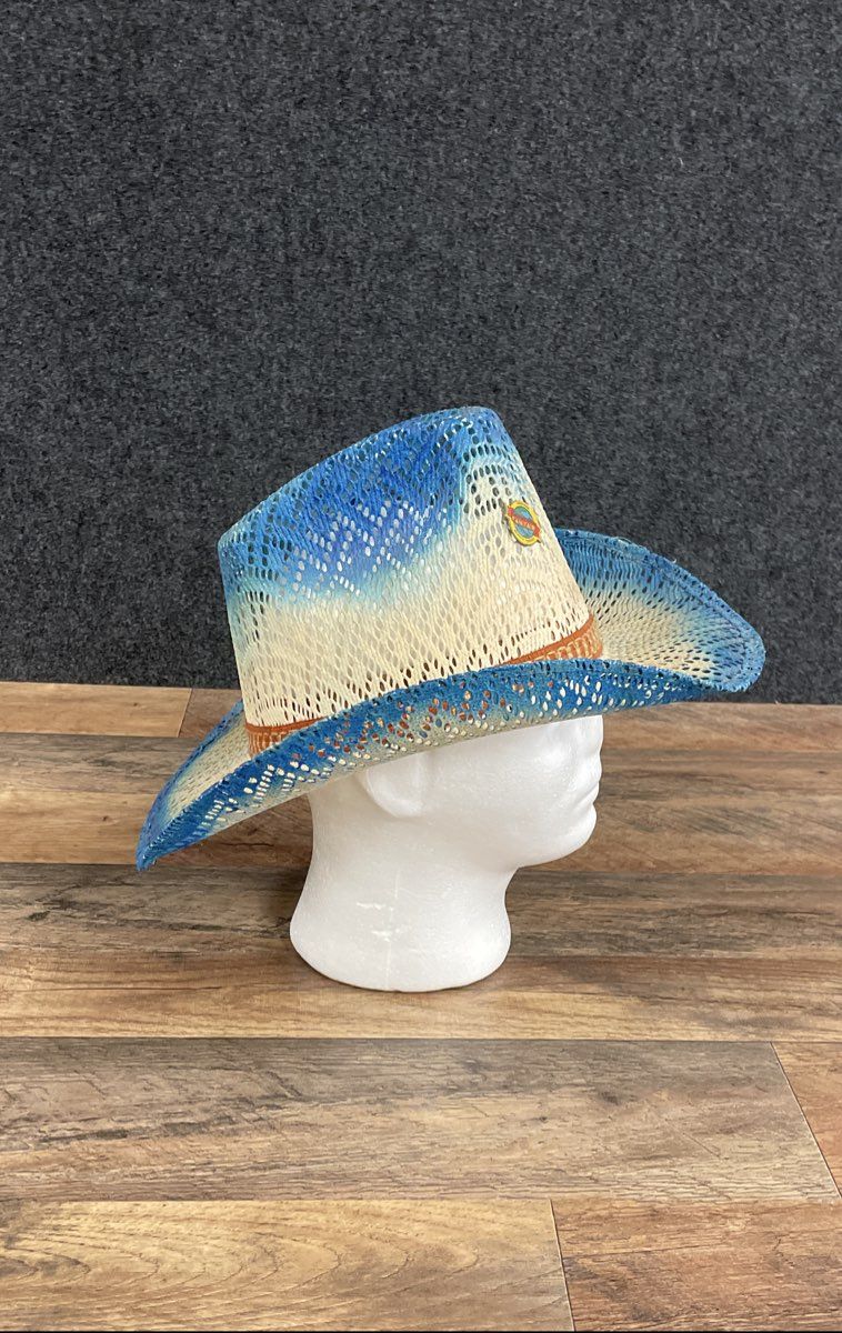 Sombreros Joaquin Men's Blue Cream Ombre Vented Straw Cowboy Hat Mexico Sz 7 1/4