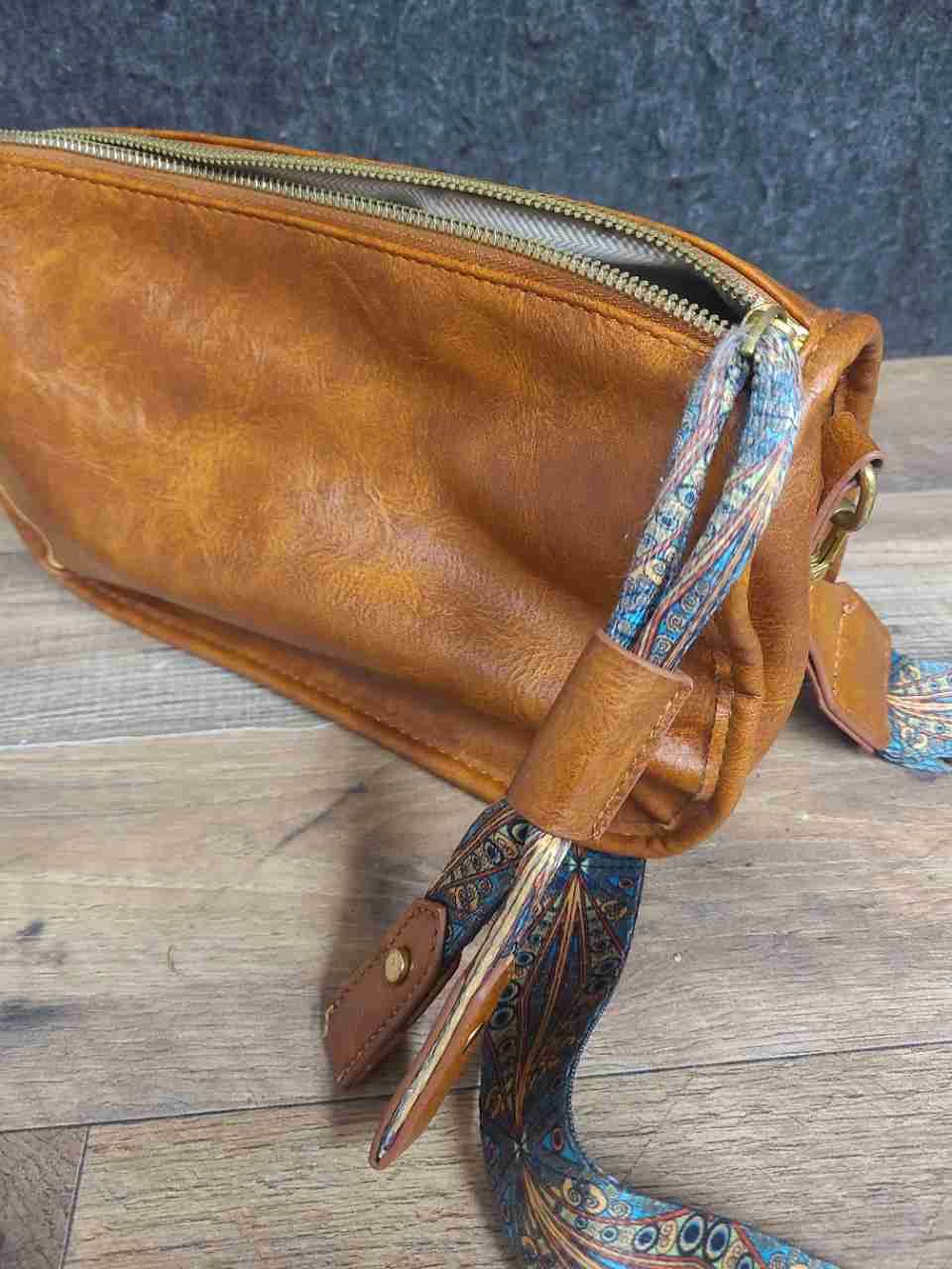 Tan Faux Leather Crossbody Bag with Colorful Patterned Guitar Strap Gold Tone