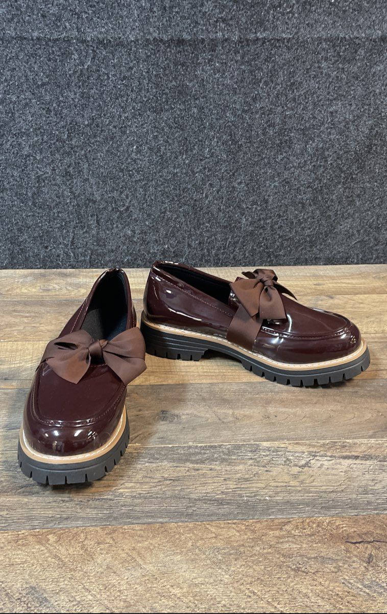Burgundy Patent Leather Bow Chunky Lug Sole Platform Loafers Shoes Size 42