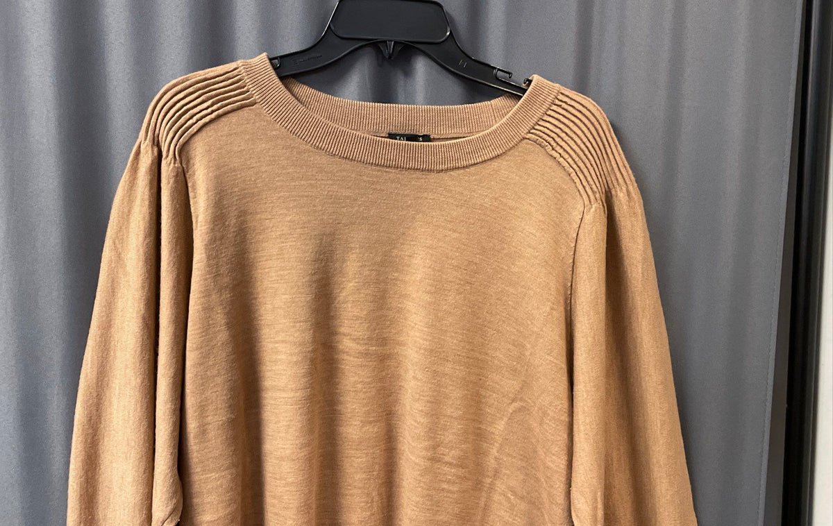 Talbots Plus Women's Tan Merino Wool Ribbed Shoulder Crewneck Sweater Size 3X