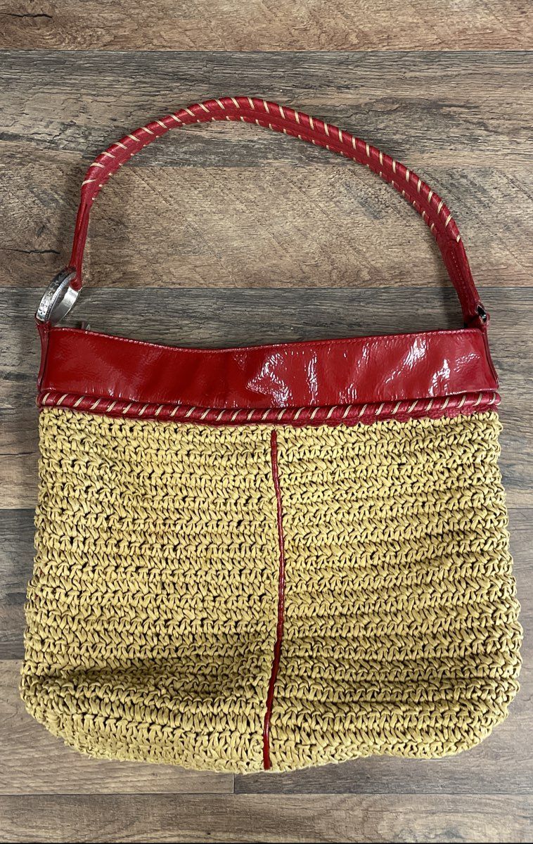 Brighton Red Leather Trim Woven Straw Hobo Shoulder Bag Medium