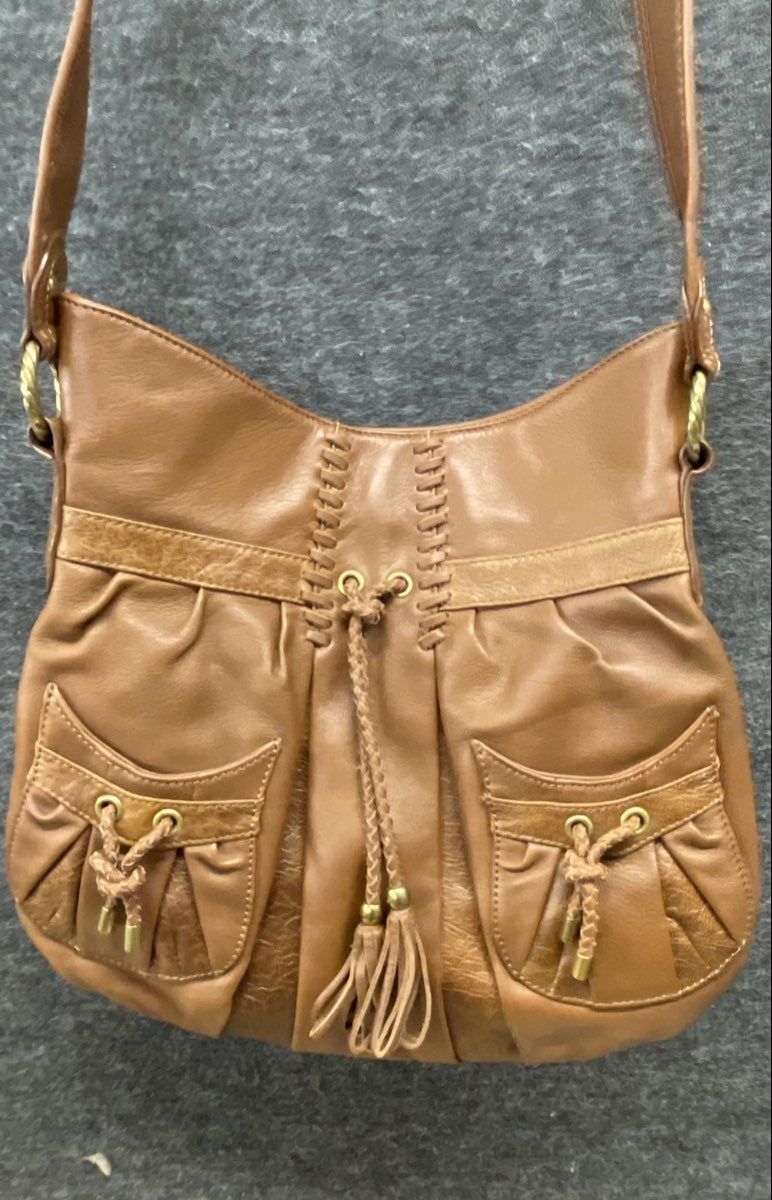 Allison Scott Brown Leather Whipstitch Tassel Hobo Shoulder Bag Large