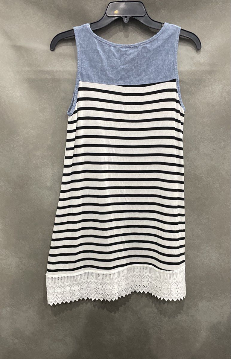 New Mode Women's White Black Striped Blue Yoke Floral Lace Tank Top Tunic Sz M