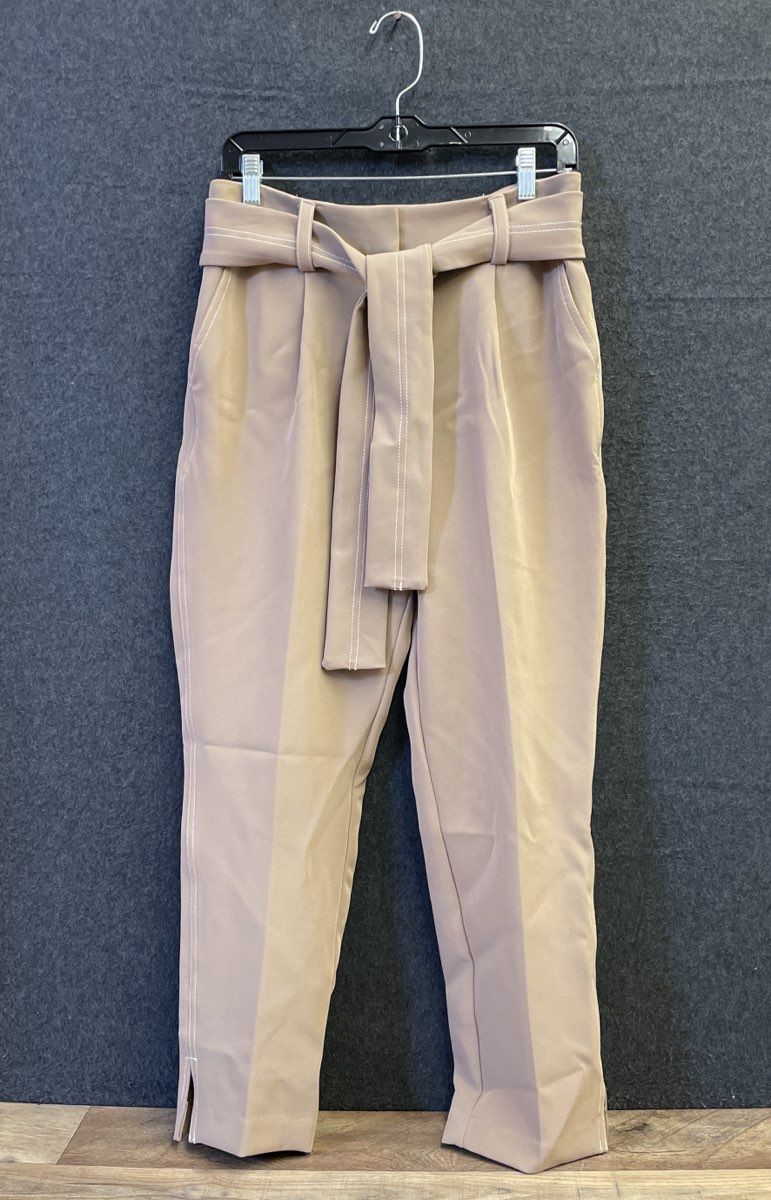 New York & Company Women's Tan 7th Ave Belted High Waist Tapered Pants Sz 8