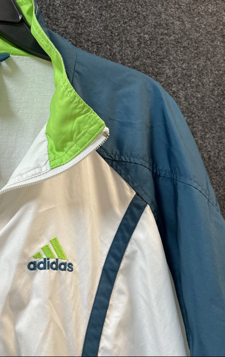 Vintage 90s Adidas Men's White Blue Lime Green Full Zip Windbreaker Jacket Sz L