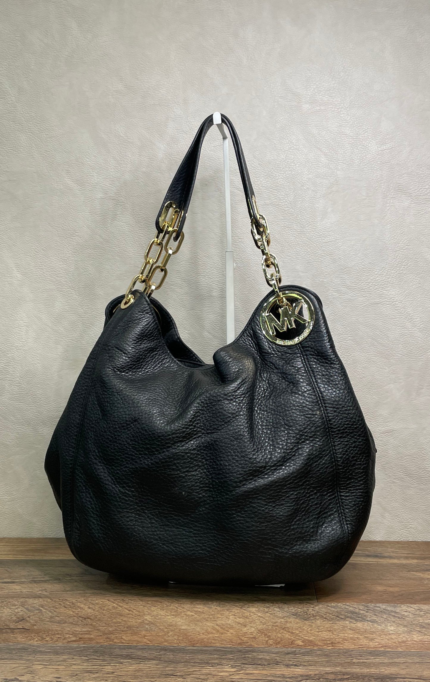 Michael Kors Black Pebbled Leather Fulton Large Hobo Bag Gold Hardware