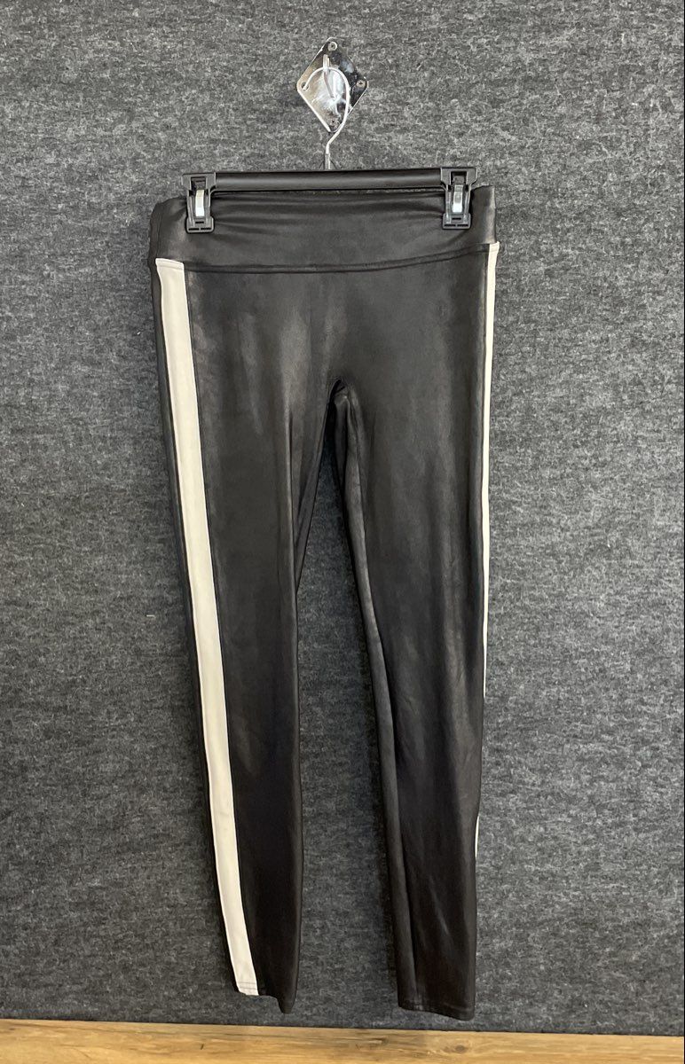 Spanx Women's Faux Leather Leggings Black White Side Stripe Racing Sz L