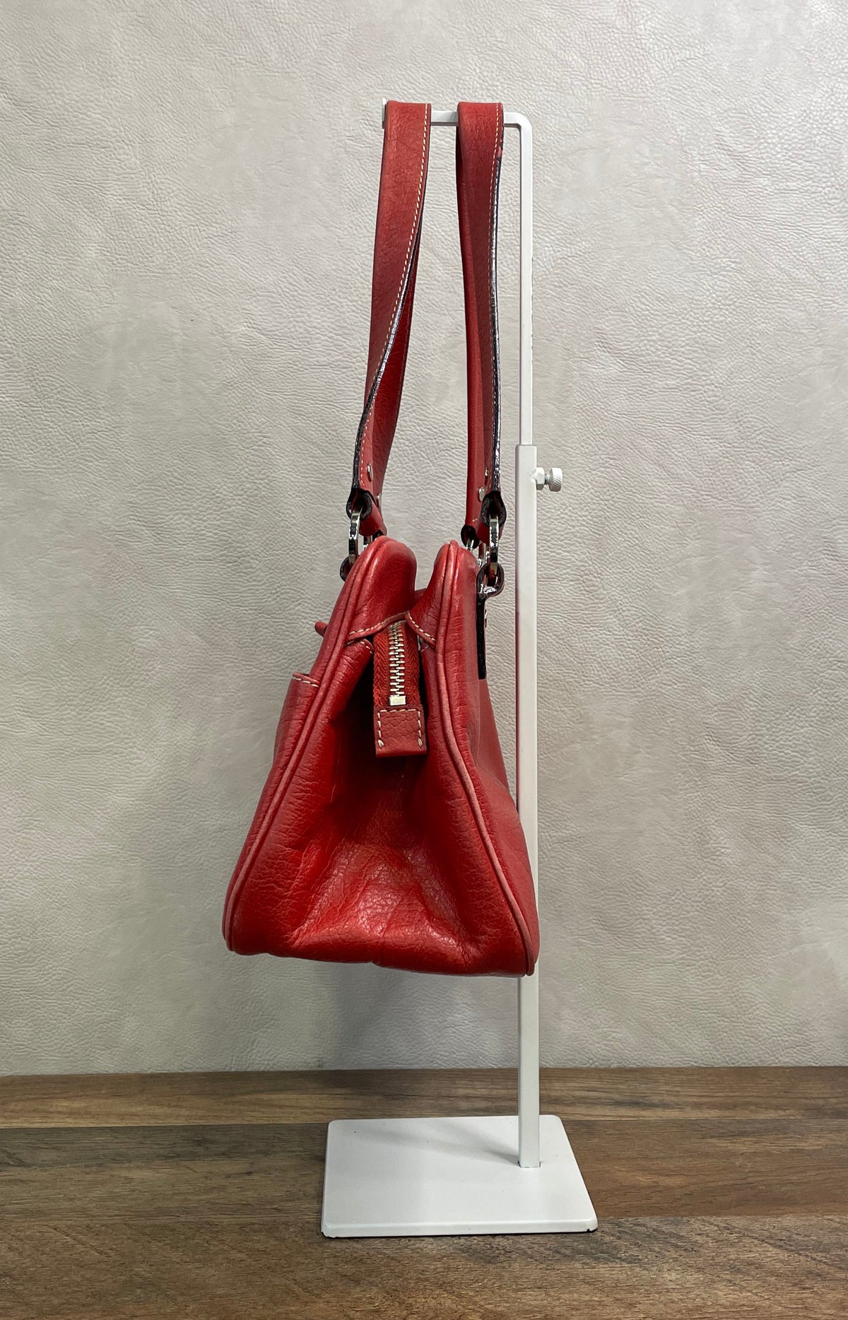 Kate Spade Red Pebbled Leather Shoulder Bag Handbag Silver Hardware